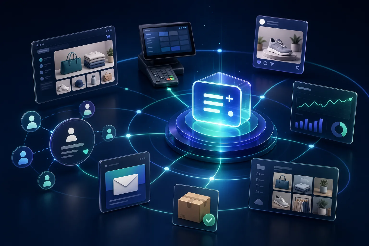 A connected retail ecosystem with commerce, store, customer, campaign, social, and asset systems flowing into Signal & Spark Retail Ops